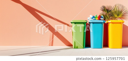 Colorful recycling bins line a clean urban street under bright daylight Colorful recycling bins line a clean urban street under bright daylight 125957701