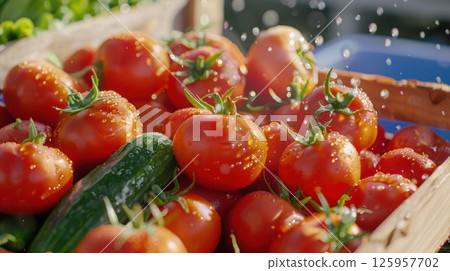 Close-up of fresh organic vegetables in wooden crates at a farmers market in morning sunlight Close-up of fresh organic vegetables in wooden crates at a farmers market in morning sunlight 125957702