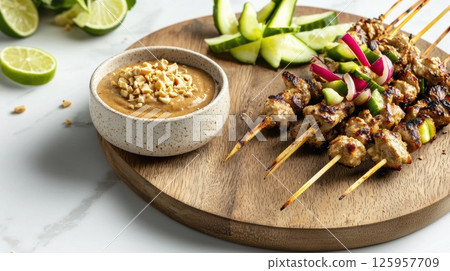 Juicy Malaysian satay skewers with peanut sauce and fresh vegetables on a rustic wooden plate 125957709