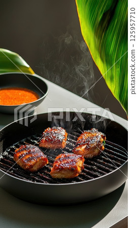 Grilling Ayam Percik with caramelized coconut sauce and smoky aroma in Malaysia 125957710