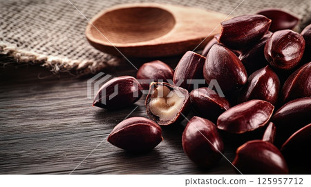 Rich brown pili nuts scattered on rustic wooden surface with a wooden scoop 125957712