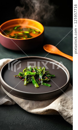 Crispy seaweed chips on rustic plate beside bowl of steaming soup 125957716