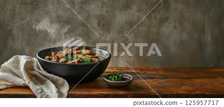 Rich and aromatic Bak Kut Teh served in dark stoneware, showcasing Malaysian comfort food 125957717