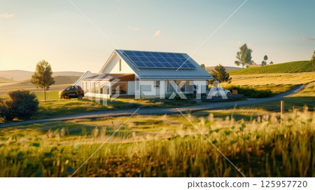 Countryside home featuring traditional architecture and modern solar panels under warm sunlight 125957720