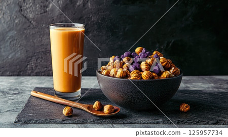 Moody still life of tiger nuts and homemade milk in dramatic food setting 125957734