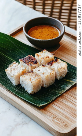 Deliciously prepared lemang served on banana leaves with spiced coconut sauce 125957737