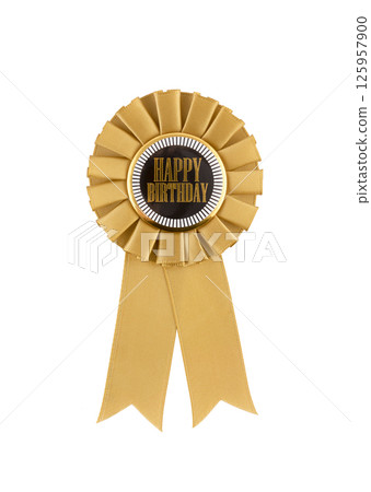 Happy Birthday golden ribbon award isolated on white with clipping path 125957900