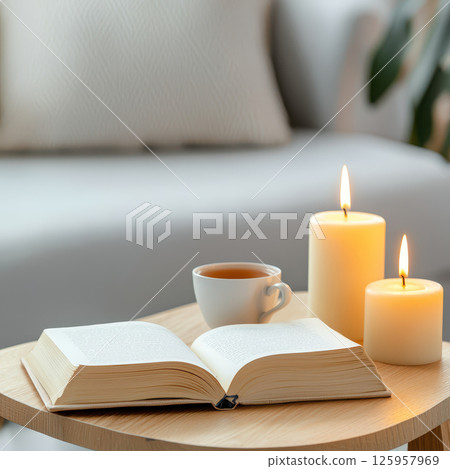 Cozy living room scene featuring open book, cup of tea, and lit candles creates warm atmosphere 125957969