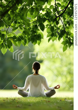 Peaceful outdoor scene with person meditating nature, surrounded by lush greenery and sunlight, evokes tranquility 125957971