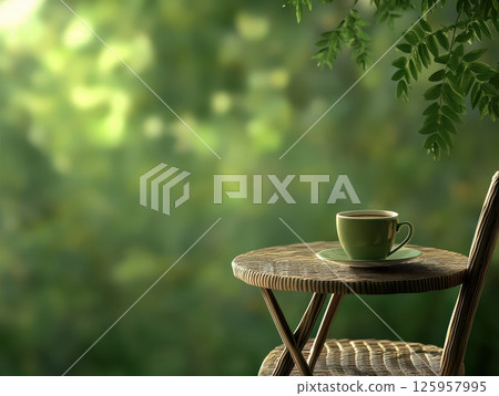Cozy chair on quiet balcony with warm cup of tea, surrounded by lush greenery, creates serene atmosphere 125957995