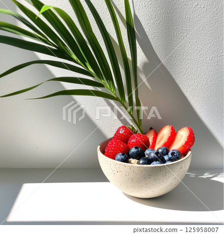 Vibrant bowl filled with fresh strawberries and blueberries, complemented by green leaf, creates refreshing breakfast scene 125958007
