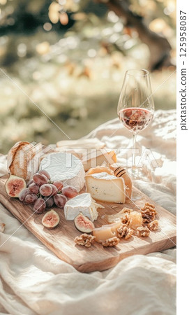 Cheese and wine picnic featuring assorted French cheeses under natural daylight 125958087