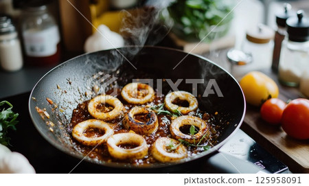 Sambal sotong cooked to perfection in a rustic Malaysian kitchen setting Sambal sotong cooked to perfection in a rustic Malaysian kitchen setting 125958091