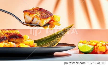 Tender bite of Otak-Otak lifts from a plate showcasing Malay cuisine in warm lighting 125958106