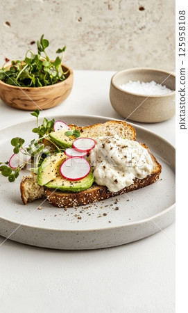 Hyper-realistic gourmet avocado toast with radish and microgreens on sourdough bread Hyper-realistic gourmet avocado toast with radish and microgreens on sourdough bread 125958108