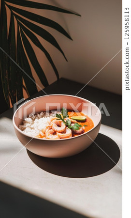 Sambal sotong with jasmine rice captures the essence of Malaysian cuisine 125958113
