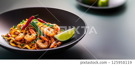 Close-up of Char Kway Teow with glossy noodles and fresh ingredients in warm light Close-up of Char Kway Teow with glossy noodles and fresh ingredients in warm light 125958119
