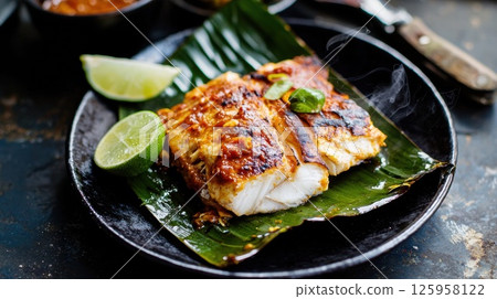 Otak-Otak on a black plate with lime and sambal, showcasing Malaysian culinary art Otak-Otak on a black plate with lime and sambal, showcasing Malaysian culinary art 125958122