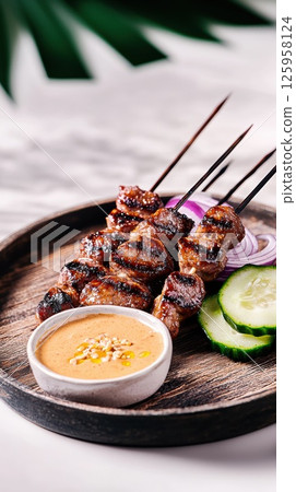 Deliciously grilled satay skewers served with peanut sauce and fresh vegetables Deliciously grilled satay skewers served with peanut sauce and fresh vegetables 125958124