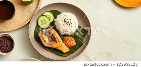 Delicious Ikan Bakar served on banana leaf with sambal, jasmine rice, and fresh vegetables Delicious Ikan Bakar served on banana leaf with sambal, jasmine rice, and fresh vegetables 125958128