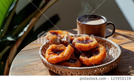 Crispy golden-brown Pisang Goreng served in a rustic basket with steaming teh tarik Crispy golden-brown Pisang Goreng served in a rustic basket with steaming teh tarik 125958139