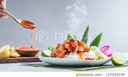 Sambal drizzle enhances the crispy Ikan Bakar with fresh lime and traditional condiments Sambal drizzle enhances the crispy Ikan Bakar with fresh lime and traditional condiments 125958144
