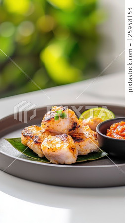 Delicious otak-otak served with sambal and lime in a warm, inviting setting 125958153