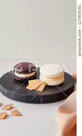 Delicious French Macaroons on a Dark Marble Plate with Crispy Wafer Pieces and Soft Fabric, Perfect for Dessert Lovers and Sweet Treat Enthusiasts, dessert concept Delicious French Macaroons on a Dark Marble Plate with Crispy Wafer Pieces and Soft Fabric, Perfect for Dessert Lovers and Sweet Treat Enthusiasts, dessert concept 125958161