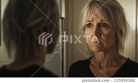 In a softly lit bathroom, a middle-aged woman stands before a mirror, gazing at her tired reflection, conveying a deep sense of sorrow and self-examination after splashing water on her face In a softly lit bathroom, a middle-aged woman stands before a mirror, gazing at her tired reflection, conveying a deep sense of sorrow and self-examination after splashing water on her face 125958168