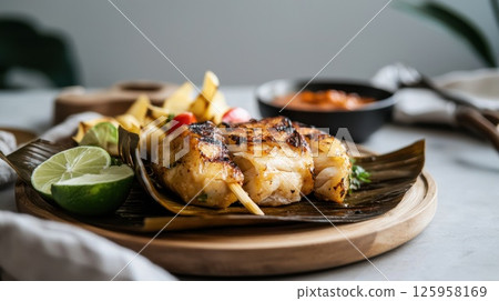 Grilled otak-otak served on rustic wooden plate highlights Malaysian culinary tradition Grilled otak-otak served on rustic wooden plate highlights Malaysian culinary tradition 125958169