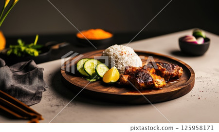 Delicious Ayam Percik served with jasmine rice and fresh vegetables in rustic presentation 125958171