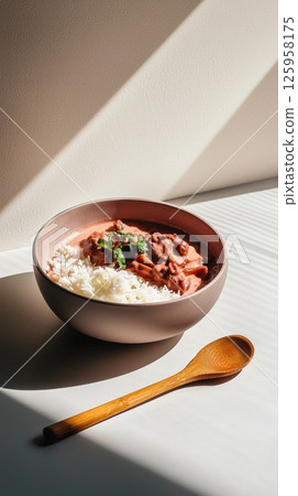 Warm Malaysian dish with coconut rice served in an inviting dining setting Warm Malaysian dish with coconut rice served in an inviting dining setting 125958175