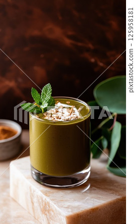 Vibrant moringa smoothie with fresh mint in natural lighting and organic presentation Vibrant moringa smoothie with fresh mint in natural lighting and organic presentation 125958181