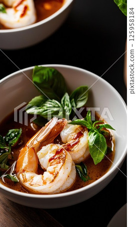 Delicious laksa lemak with shrimp and herbs presented in a bowl Delicious laksa lemak with shrimp and herbs presented in a bowl 125958184