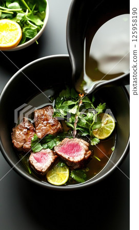 Deliciously plated Bak Kut Teh highlights Malaysian culinary traditions with vibrant herbs Deliciously plated Bak Kut Teh highlights Malaysian culinary traditions with vibrant herbs 125958190