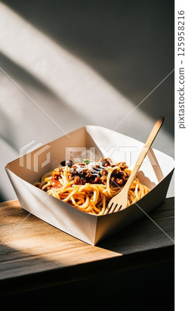 Delicious saucy Italian pasta in a steaming paper box with wooden fork Delicious saucy Italian pasta in a steaming paper box with wooden fork 125958216