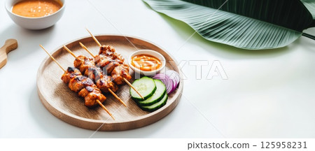 Juicy Malaysian satay skewers served with peanut sauce and fresh vegetables on wooden plate Juicy Malaysian satay skewers served with peanut sauce and fresh vegetables on wooden plate 125958231