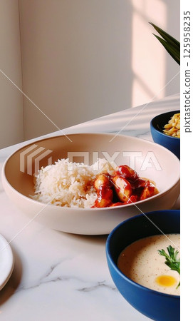 Close-up of rich sambal sauce coating coconut rice in traditional Malay dish Close-up of rich sambal sauce coating coconut rice in traditional Malay dish 125958235