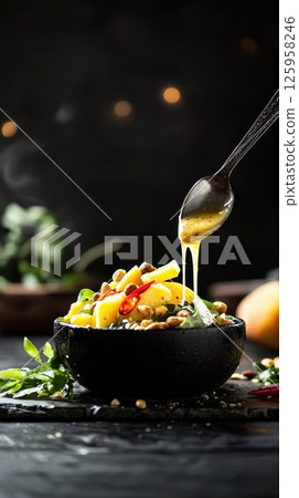 Vibrant Kerabu Mangga with Tamarind Dressing in Dark, Moody Setting Vibrant Kerabu Mangga with Tamarind Dressing in Dark, Moody Setting 125958246