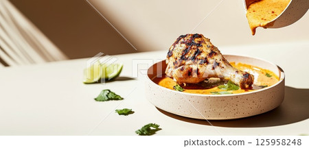 Juicy Ayam Percik dipped in spiced coconut sauce with fresh herbs and lime on wooden table 125958248