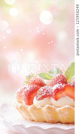 Spring strawberry tart with vanilla cream and caramelized strawberries on golden pastry 125958249