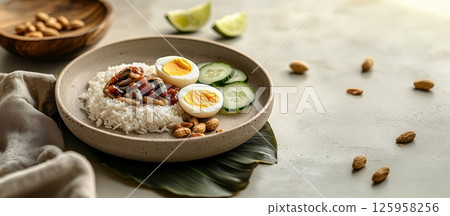 Beautifully arranged Nasi Lemak served on a banana leaf with fresh ingredients and vibrant colors Beautifully arranged Nasi Lemak served on a banana leaf with fresh ingredients and vibrant colors 125958256