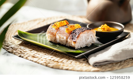 Deliciously presented Lemang served with coconut curry in a traditional setting 125958259