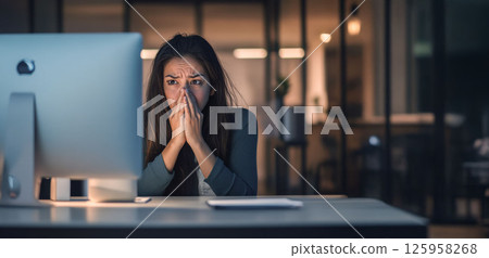 A young Latina woman in professional attire sits at her desk, hands clasped in front of her mouth, staring anxiously at her computer screen. She feels regret in an empty office 125958268