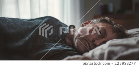 A middle-aged man lies on his back in a quiet bedroom, his heavy eyes staring at the ceiling. The unmade bed and soft natural light depict a moment of deep introspection and emotional struggle 125958277