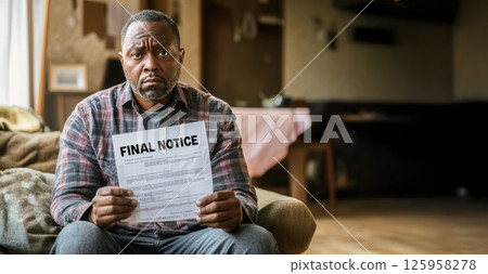 A middle-aged man sits on a worn couch, holding a final notice bill. His worried expression reflects the emotional burden of overdue payments in a cluttered, dimly lit living room 125958278