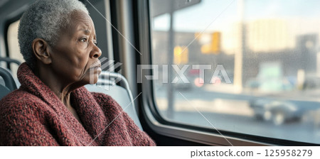 An elderly African American woman gazes out the bus window with a distant look, embodying her feelings of loneliness amidst a busy city. Her folded hands and empty seats emphasize her isolation 125958279