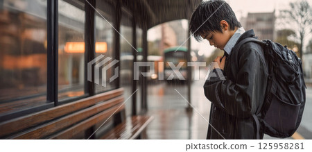 A teenage boy stands alone at an empty bus stop on a rainy day, wearing a school uniform and holding his backpack tightly. His expression is distant, evoking a sense of loneliness 125958281