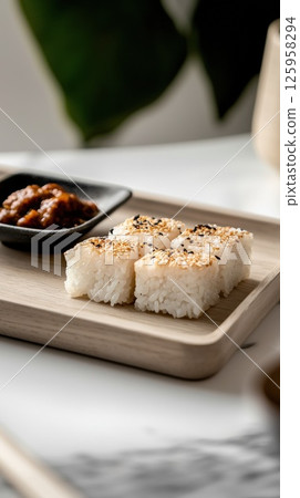 Delicately arranged slices of Lemang served with spicy rendang beef on rustic Malaysian tableware 125958294