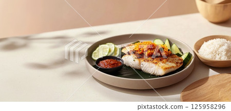 Delicious ikan bakar with sambal sauce served on a banana leaf with rice and lime 125958296